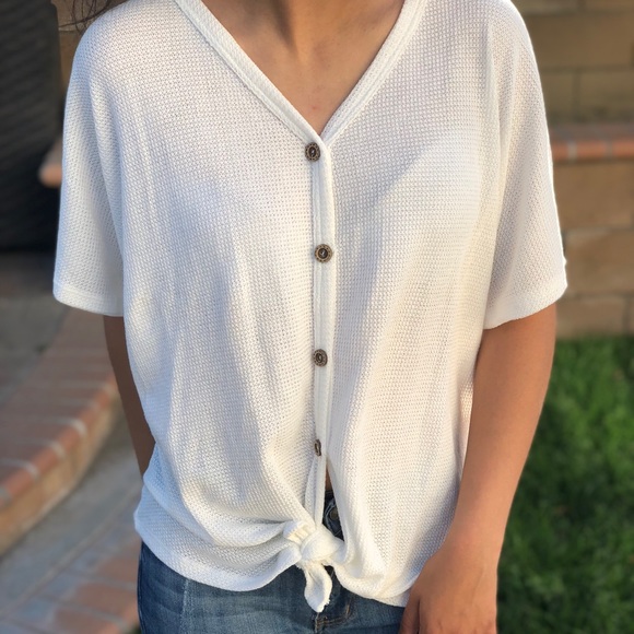 Tie bottom, button up waffle knit top - Picture 3 of 4